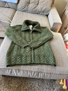 Aran Crafts Olive Green Chunky Cable Knit Sweater
